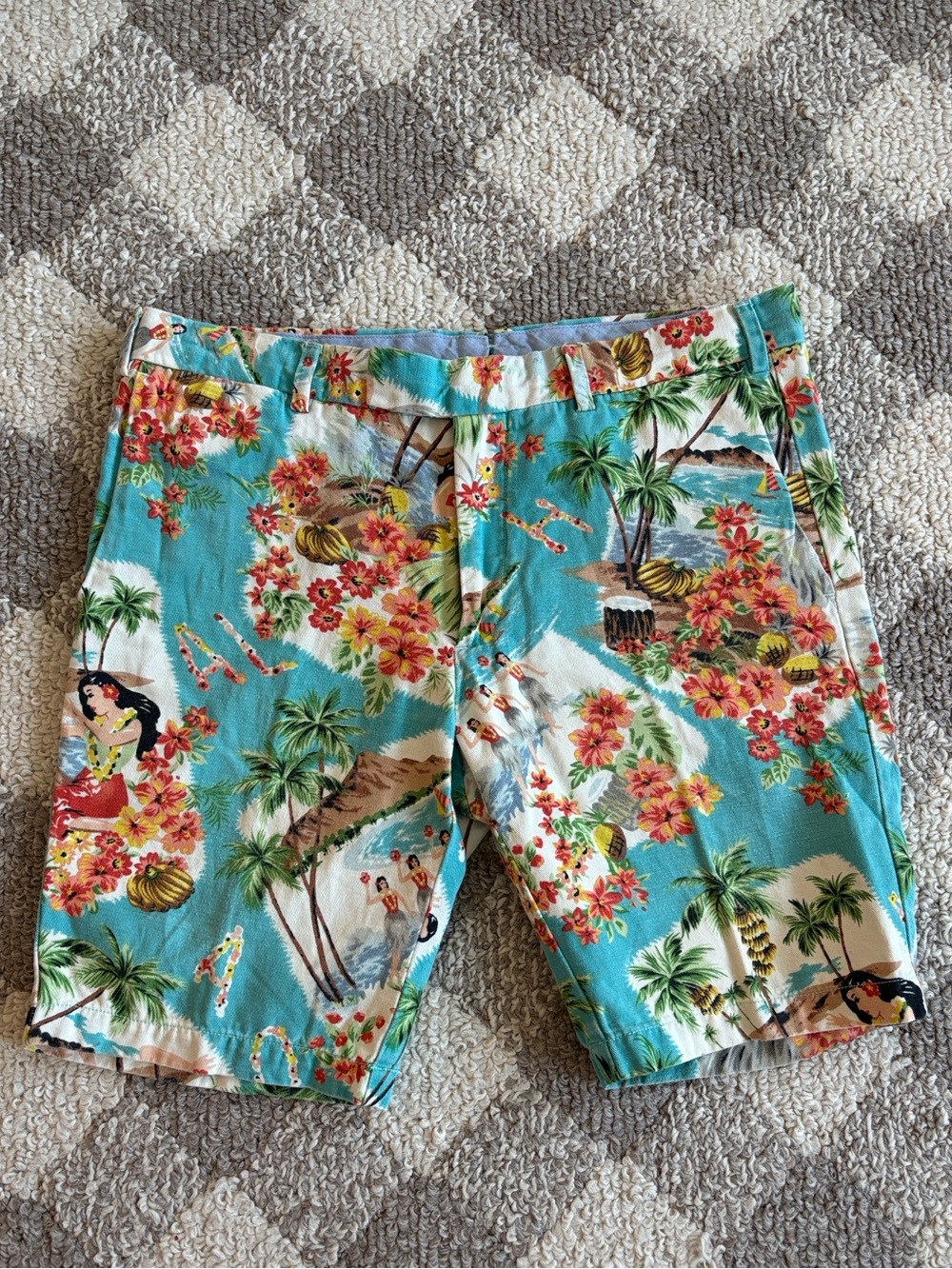 POLO RALPH LAUREN TROPICAL HULA GIRL PRINT LINEN BLEND SLIM FIT SHORTS MENS 33